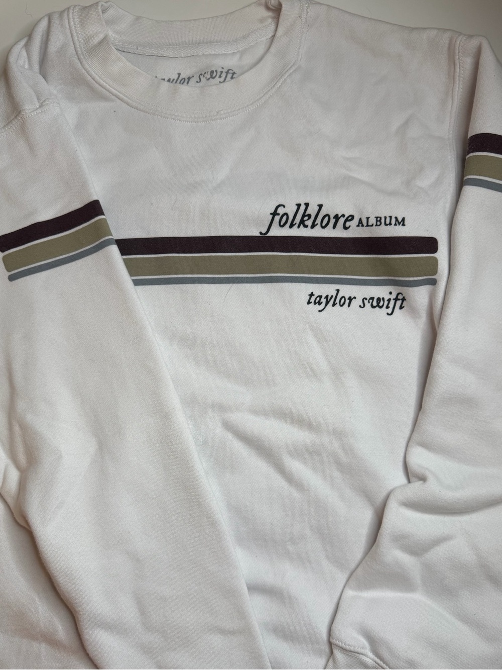 Taylor Swift Cream Crewneck with Brown and Olive Stripes